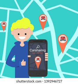 Carsharing service. Young character shows the phone with the app.Online rental car.Flat cartoon design.Clip art