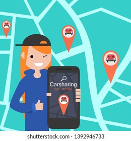 Carsharing service. Young character shows the phone with the app.Online rental car.Flat cartoon design.Clip art