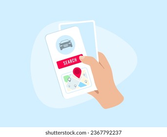 Concepto de aplicación de servicio de pedidos de taxi o de carga. Alquiler de coches a través de una aplicación móvil para compartir carros o viajes compartidos. Ilustración vectorial aislada en fondo blanco con iconos. Ilustración 3D