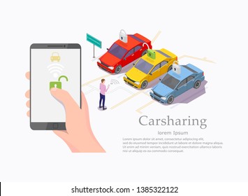 Carsharing vector web banner template. Smartphone in human hand, isometric cars for rent in parking area and man with mobile phone in front of them. Carpooling service, car sharing mobile app concept.