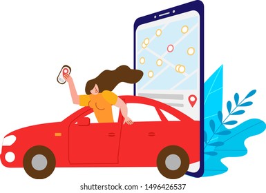 Carsharing. Woman rides in a rented car and holds a phone. On the big smartphone screen is a map of the choice of the nearest parking lot is open. Vector illustration.