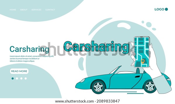 Carsharing.Online\
car exchange service.Car selection using the app.An illustration in\
the style of a landing page in\
green.