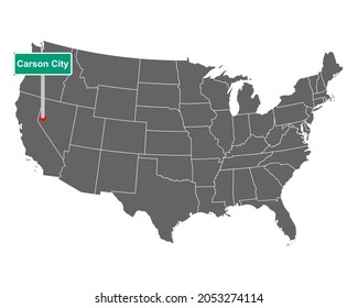 Carson City city limit sign and map of USA on white