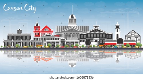 Carson City Nevada City Skyline with Color Buildings, Blue Sky and Reflections. Vector Illustration. Business Travel and Concept with Modern Architecture. Carson City Cityscape with Landmarks.