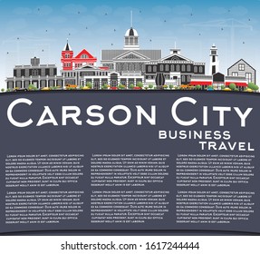Carson City Nevada City Skyline with Color Buildings, Blue Sky and Copy Space. Vector Illustration. Business Travel and Tourism Concept with Modern Architecture. Carson City Cityscape with Landmarks.