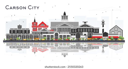 Carson City Nevada City Skyline with Color Buildings and reflections Isolated on White. Business Travel and Tourism Concept with Modern Architecture. Carson City Cityscape with Landmarks.