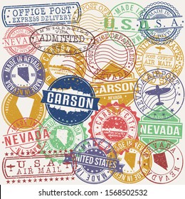 Carson Nevada Set of Stamps. Travel Stamp. Made In Product. Design Seals Old Style Insignia.