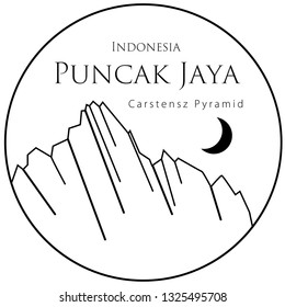 Carstensz Pyramid, Puncak Jaya, Indonesian island, New Guinea. Vector black and white illustration of mount in Indonesia. Climbing, hiking, trekking