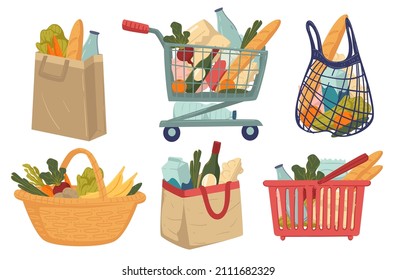 Carro y cesta llenos de productos de compras, bolsas y redes con alimentos comprados en supermercados. Panadería y leche de pan, verduras y alcohol, frutas y agua. Vector en ilustración de estilo plano