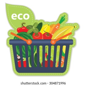 Cart beneficial eco supermarket fresh food fruit and vegetables products in basket vector illustration