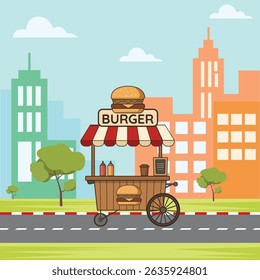 Carrito con la Ilustración vectorial de la bicicleta, tienda de la hamburguesa en la ilustración del soporte de la ciudad, fondo de la tienda del Carrito de la hamburguesa.