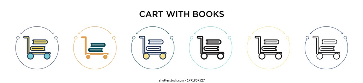 Cart with books icon in filled, thin line, outline and stroke style. Vector illustration of two colored and black cart with books vector icons designs can be used for mobile, ui, web