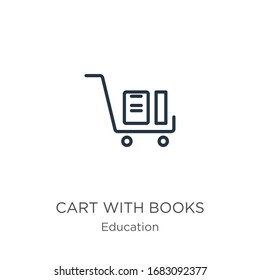 Cart with books icon. Thin linear cart with books outline icon isolated on white background from education collection. Line vector sign, symbol for web and mobile