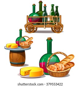 A cart with bottles of wine and food. Vector illustration.