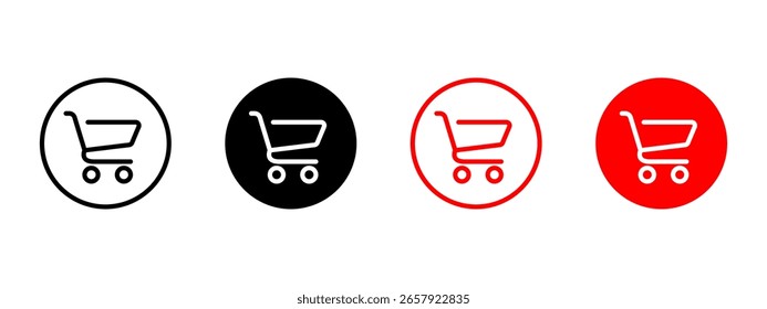 Icono de Botón Carrito. Carrito de compras dentro de la Ilustración vectorial de borde circular. Símbolo de comercio electrónico para el signo de la tienda en línea. Signo de interfaz de usuario de la cesta comercial. Pictograma de Carrito de compras limpio mínimo.