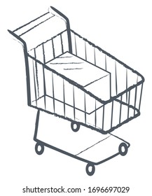 Warenkorb zum Kauf von Artikeln aus Geschäften und Geschäften. Einzeln Symbol des metallischen Einkaufswagen mit Rädern. Unterzeichnung des Trolleys für Verkauf und Angebotsankündigung. Kennzeichen der Vektorillustration Markt und Verbrauch