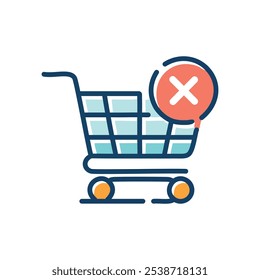 Cart cancellation icon. Shopping cart with a red X, symbolizing order rejection, failed transaction, or purchase cancellation.  Illustrates online shopping problems.