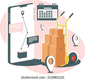Cart with cardboard boxes waiting for delivery. The delivery route on the smartphone with the recipient's address and delivery time. Concept of goods delivery with an online app. Vector illustration