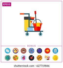 Cart with cleaning equipment vector icon