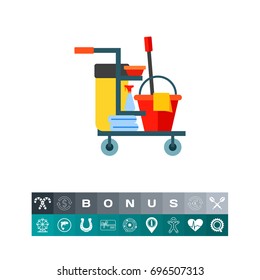 Cart with cleaning equipment vector icon