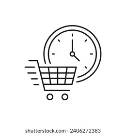 Cart and clock. Shopping time icon line style isolated on white background. Vector illustration