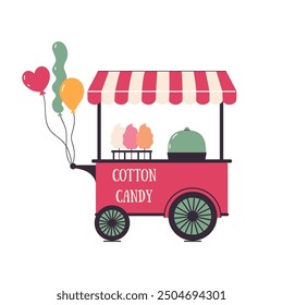 Carrito con algodón de azúcar y bolas aisladas sobre fondo blanco. Gráficos de Vector.