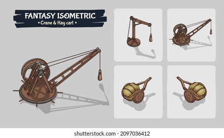 Cart, Crane Fantasy game assets - Isometric Vector Illustration