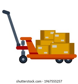 Cart with crates. Box with package. Loading, Storage and logistics in warehouse. Handcart on wheels with load. Flat Platform trolley. Industrial shipping