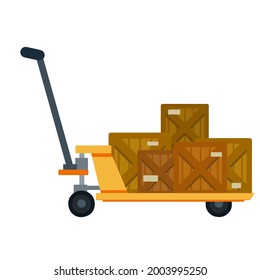 Cart with crates. Industrial shipping. Box with package. Loading, Storage and logistics in warehouse. Handcart on wheels with load. Flat Platform trolley