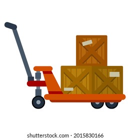 Cart with crates. Industrial shipping. Loading, Storage and logistics in warehouse. Handcart on wheels with load. Flat Platform trolley. Box with package