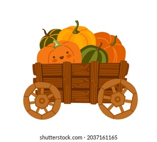 Cart with cute happy pumpkins. Fall season, autumn farmers market. Harvest ripe various colours gourd in wooden wagon. Cute cartoon illustration.