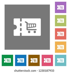 Cart discount coupon flat icons on simple color square backgrounds
