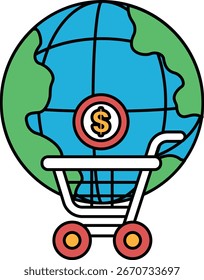 Un Carrito con un signo de dólar en él está en un globo terráqueo. El Carrito está vacío. El globo es blanco y negro