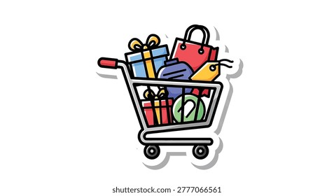 Cart filled with colorful gift boxes