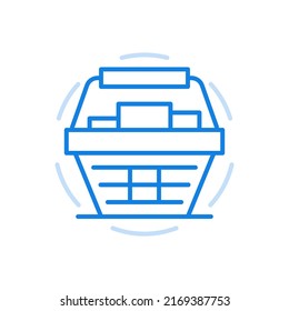 
Cart filled with shopping vector line icon. Day sale and purchase products in reserve. Download goods delivery from market and supermarket. App online distribution retail fast delivery.