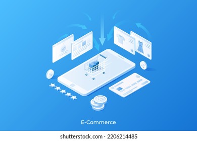 Cart full of boxes on top of hone screen, money, bank card. Concept of mobile application for e-commerce, online shopping, electronic payment for goods. Modern white isometric vector illustration.