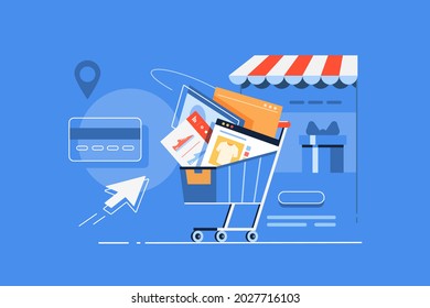 Cart full of online shopping orders vector illustration. Buy cloth, food from home line design. Online shopping, contactless payment concept