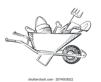 A cart with garden tools sketch hand drawn