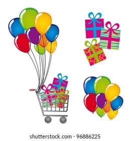 cart with gifts and balloons isolated over white background. vector