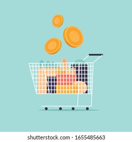 Cart with groceries and money, shop. Shopping. Flat design vector illustration.
