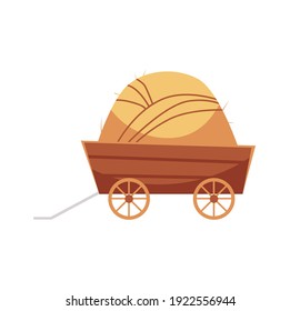 Cart with hay or straw for medieval or modern agriculture. Peasant wooden transport with wheels for haystack transportation during haymaking season. Vector isolated illustration
