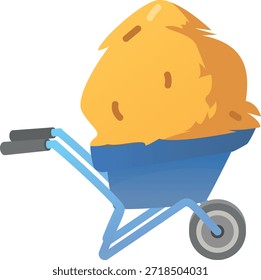 Ein Wagen mit einem Heuhaufen aus goldenem Stroh, Landwirtschaft. Heumachen, Ernten. Tierfutter. Landwirtschaftliche Ausrüstung für Transport und Transport. Vektorgrafik. Cartoon im flachen Stil. Einziger Hintergrund.