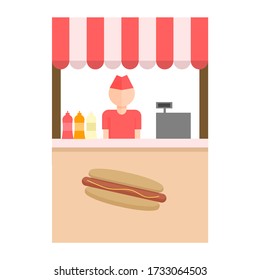 Cart with hot dogs and seller, street fast food , mobile shop Vector flat Illustration isolated on white background