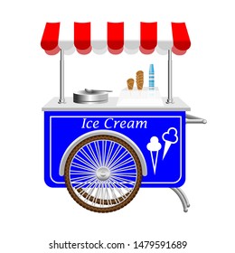Cart for ice cream. Food mobile trade. A store on wheels with goods. Vector illustration.
