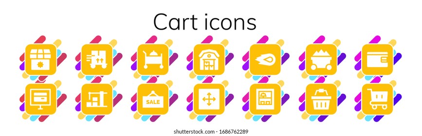 cart icon set. 14 filled cart icons.  Simple modern icons such as: Shop, Online store, Trolley, Warehouse, Room service, Sale, Move, Media fire, Shopping basket, Billfold, Shopping cart