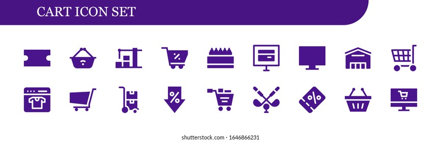 cart icon set. 18 filled cart icons. Included Coupon, Shopping basket, Warehouse, Shopping cart, Store, Online store, Online shop, Supermarket, Trolley, Sale, Golf icons