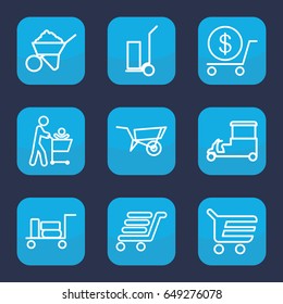 Cart icon. set of 9 outline cart icons such as luggage, wheel barrow, dollar