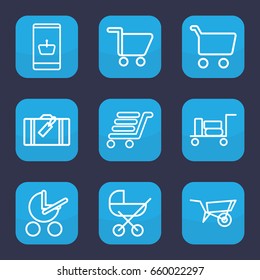 Cart icon. set of 9 outline cart icons such as luggage, wheel barrow, baby stroller