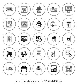 Cart icon set. collection of 25 outline cart icons with buy, caddy, commerce, coupon, feeder, ecommerce, music store, online shop, products, shop icons. editable icons.