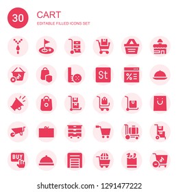 cart icon set. Collection of 30 filled cart icons included Pixel, Golf, Wheelbarrow, Shopping cart, Shopping basket, Secure shopping, Stock, Sale, Promotion, Trolley